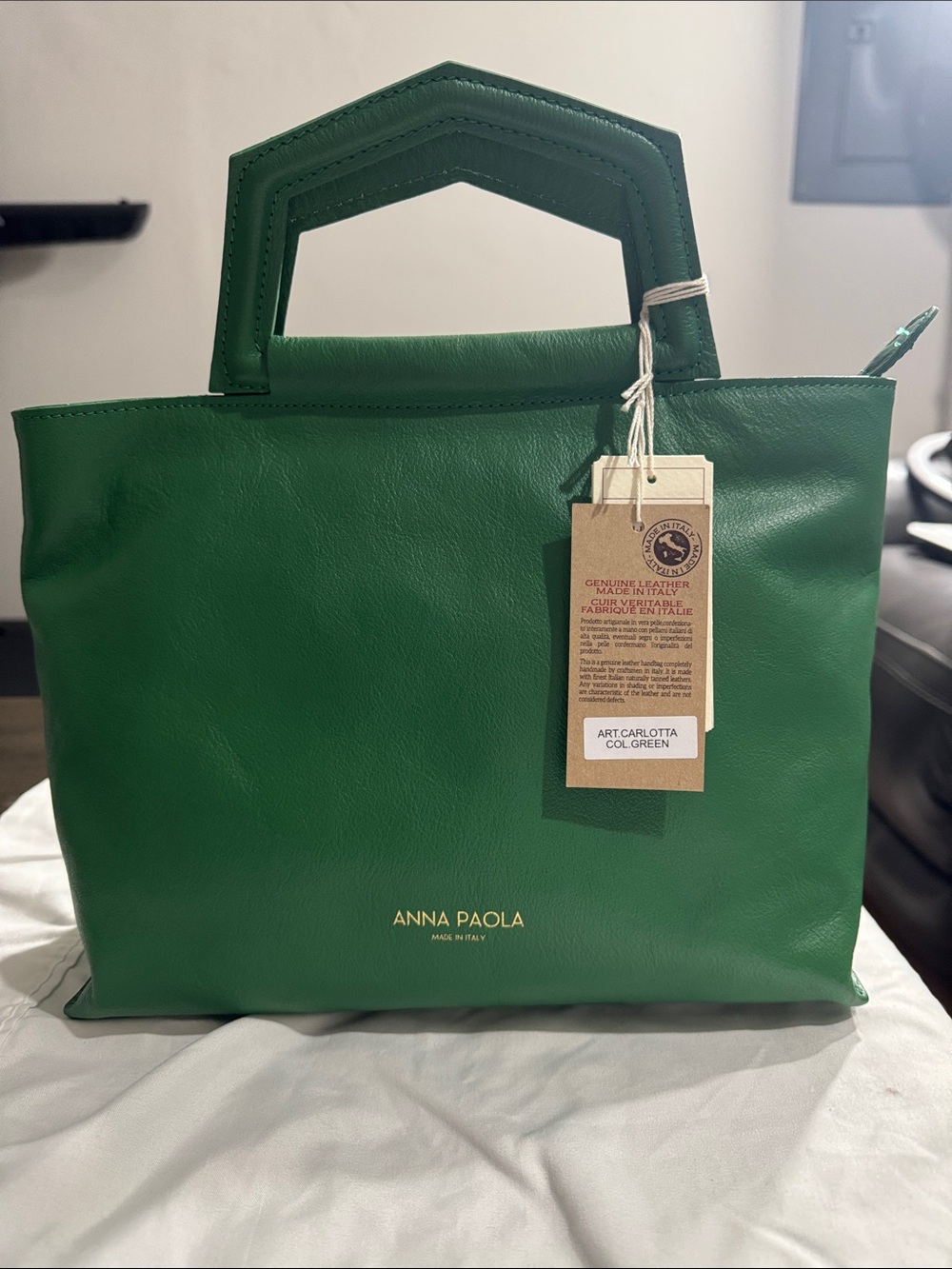 Anna Paola Green Genuine Leather Crossbody Bag with Top Handle Made in Italy